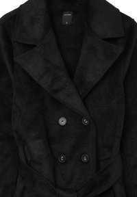 Cappotto in lana nero doppiopetto con ampi rever, quattro bottoni neri, tasche laterali e cintura in vita, taglia small.