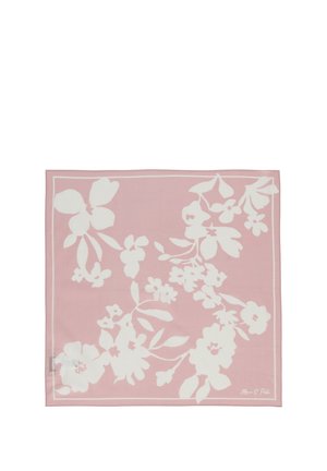 Pink square scarf with large white floral patterns and a thin white border along the edges.