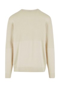 Maglione beige a maniche lunghe con polsini e orlo a costine, caratterizzato da un motivo di lavorazione a maglia testurizzata sulla parte superiore della schiena e delle maniche.
