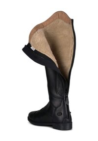Bota de cuero negra con forro de lana de color beige y cierre de cremallera. Presenta un diseño cosido y suela de goma resistente para mayor durabilidad.