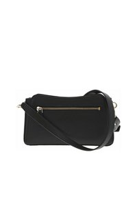 Sort crossbody taske med en struktureret overflade, guld lynlås og justerbar skulderrem. Har en frontlomme med lynlås for nem adgang.