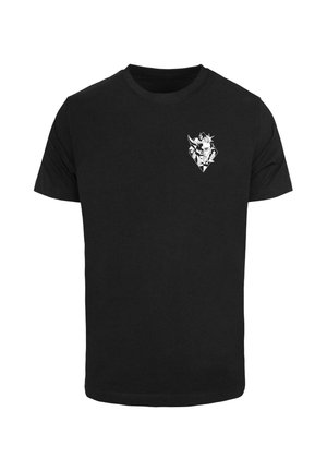 T-shirt in cotone nero con maniche corte, caratterizzato da una grafica bianca sulla parte sinistra del petto. Collo a giro classico, retro senza decorazioni.