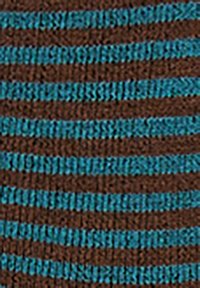 Tessuto intrecciato con strisce orizzontali in marrone scuro e blu turchese. La texture è leggermente in rilievo e ha un aspetto liscio.
