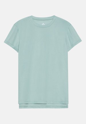 Light blue short-sleeve T-shirt made of soft fabric with a round neckline and a straight hem. Simple, smooth texture without patterns.