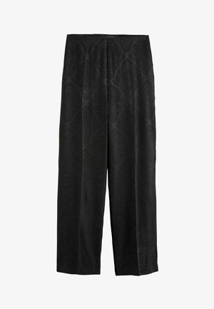 Schwarze weite Hosen aus strukturiertem Stoff mit dezentem Muster. Das Design umfasst eine hohe Taille und keine sichtbare Hardware.