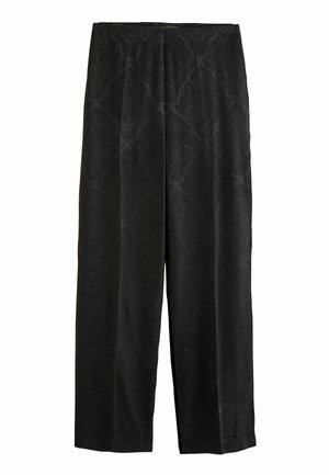 Black wide-leg pants made of textured fabric, featuring a subtle pattern. The design includes a high waist and no visible hardware.