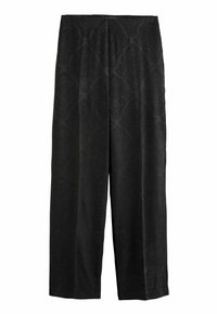 Pantaloni neri a gamba larga realizzati in tessuto testurizzato, caratterizzati da un motivo sottile. Il design include una vita alta e nessun hardware visibile.