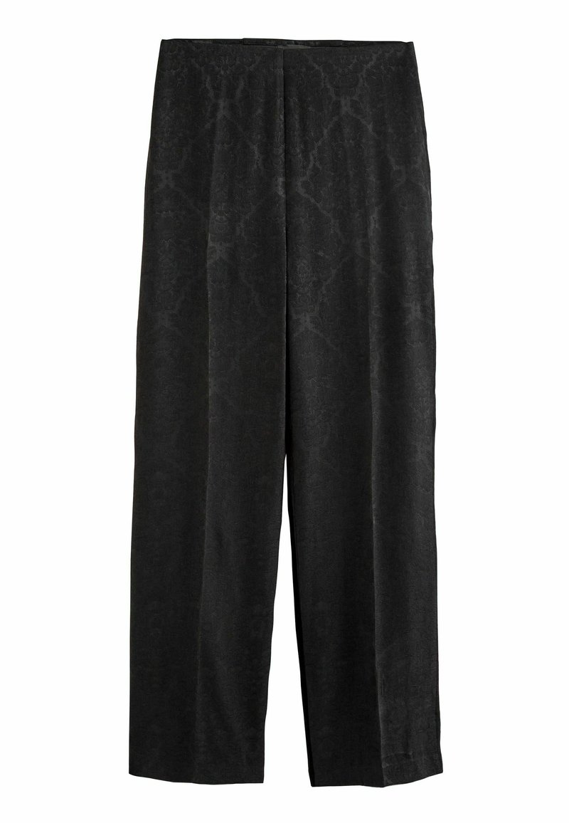 Pantaloni neri a gamba larga realizzati in tessuto testurizzato, caratterizzati da un motivo sottile. Il design include una vita alta e nessun hardware visibile.