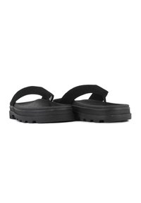 Black flip-flops featuring a sturdy rubber sole, textured footbed, and soft suede straps crossing over the top.