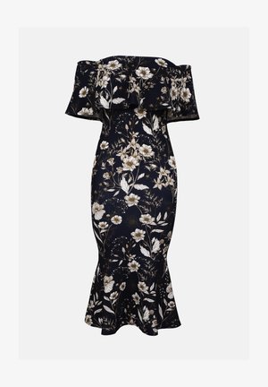 Maxi-jurk met open schouders in navy met een witte en gouden bloemenpatroon. Getailleerde pasvorm met uitlopende zoom, gemaakt van gladde, rekbare stof.