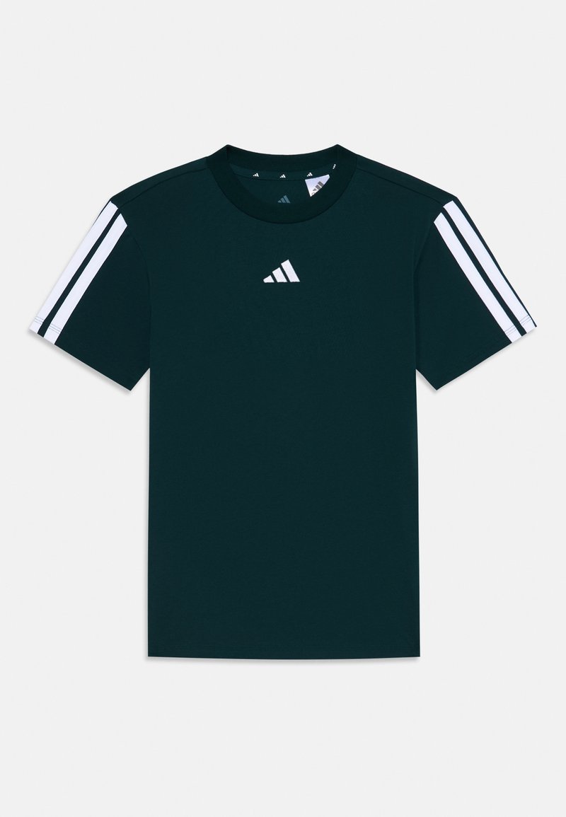 Dark green athletic t-shirt made of cotton, featuring short sleeves, a crew neck, and three white stripes on the shoulders. Logo on chest.