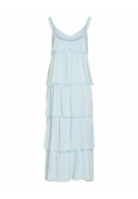 Lyseblå maxikjole uden ærmer med lagdelte flæser og tynde skulderstropper, let og luftig stof.