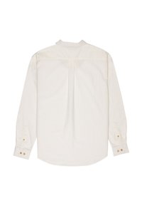 Biała koszula z długim rękawem wykonana z bawełny, z tylnym karczkiem, detalami fałd oraz zapięciami na guzik z akcentami w kolorze złotym.