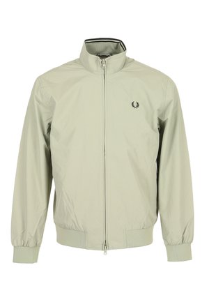 Hellbeige Reißverschlussjacke mit elastischen Bündchen und Taillenbund, Stehkragen und kleinem schwarzen Lorbeerkranz-Logo auf der Brust.