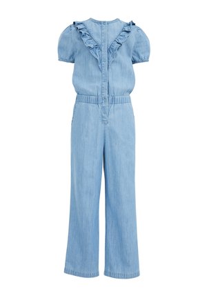Lyseblå denim-jumpsuit med korte pufærmer, flæsekant ved halsen, knaplukning bagpå og elastik i taljen.