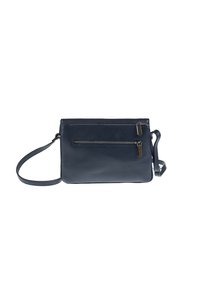 Borsa a tracolla blu navy in pelle con due scomparti con cerniera e una tracolla regolabile su sfondo bianco.
