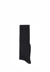 Schwarze Kniestrümpfe aus strukturiertem Material mit geripptem Bund. Besitzen eine glatte Oberfläche und einen leichten Absatz für eine ergonomische Passform.
