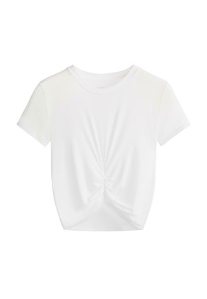 White short-sleeve t-shirt with a round neck and gathered detail at the front, featuring a cropped hem and smooth, soft fabric texture.