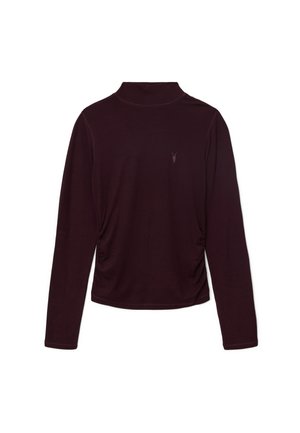 Long-sleeve top in dark burgundy fabric with a high neckline and gathered side detail, featuring subtle tonal branding on the chest.