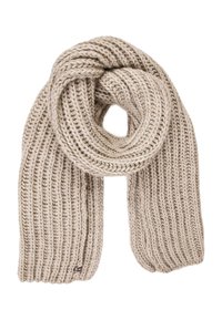 Dikke gebreide sjaal in beige, met een geribbelde textuur en een ronde, lusvormige ontwerp. Subtiel label dichtbij de onderkant.