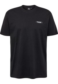 Fekete pamut póló, kerek nyakkal, rövid ujjakkal, és egy kis fehér "hummel sportswear" logóval a mellkason. Klasszikus fit.