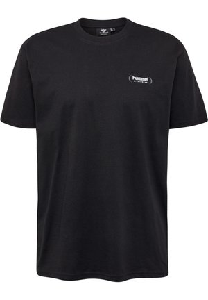 Black cotton t-shirt with a crew neckline, short sleeves, and a small white "hummel sportswear" logo on the chest. Classic fit.