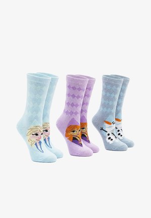 Trois paires de chaussettes pour enfants représentant les personnages Elsa, Anna et Olaf de La Reine des Neiges, en couleurs bleu clair, violet et gris.