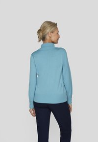 Hellblauer Strickpullover mit hohem Kragen, geripptem Saum und Knopfdetails an den Ärmelbündchen. Kombiniert mit dunkelblauen Hosen, von hinten betrachtet.