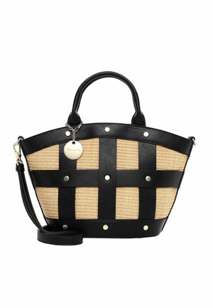 Bolso tote de cuero negro y paja tejida con asas superiores, correa de hombro desmontable y charm redondo de plata con la marca en el frente.