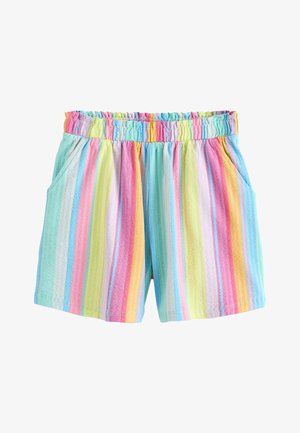 Shorts med elastisk talje og vertikale pastelstriber i lyserød, gul, blå, grøn og orange, med sidelommer på hvid baggrund.