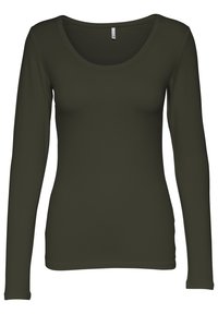 Langärmliges T-Shirt in dunklem Olivgrün mit rundem Ausschnitt und taillierter Passform. Weiche Stoffqualität mit glatter Textur. Keine sichtbaren Metallteile.