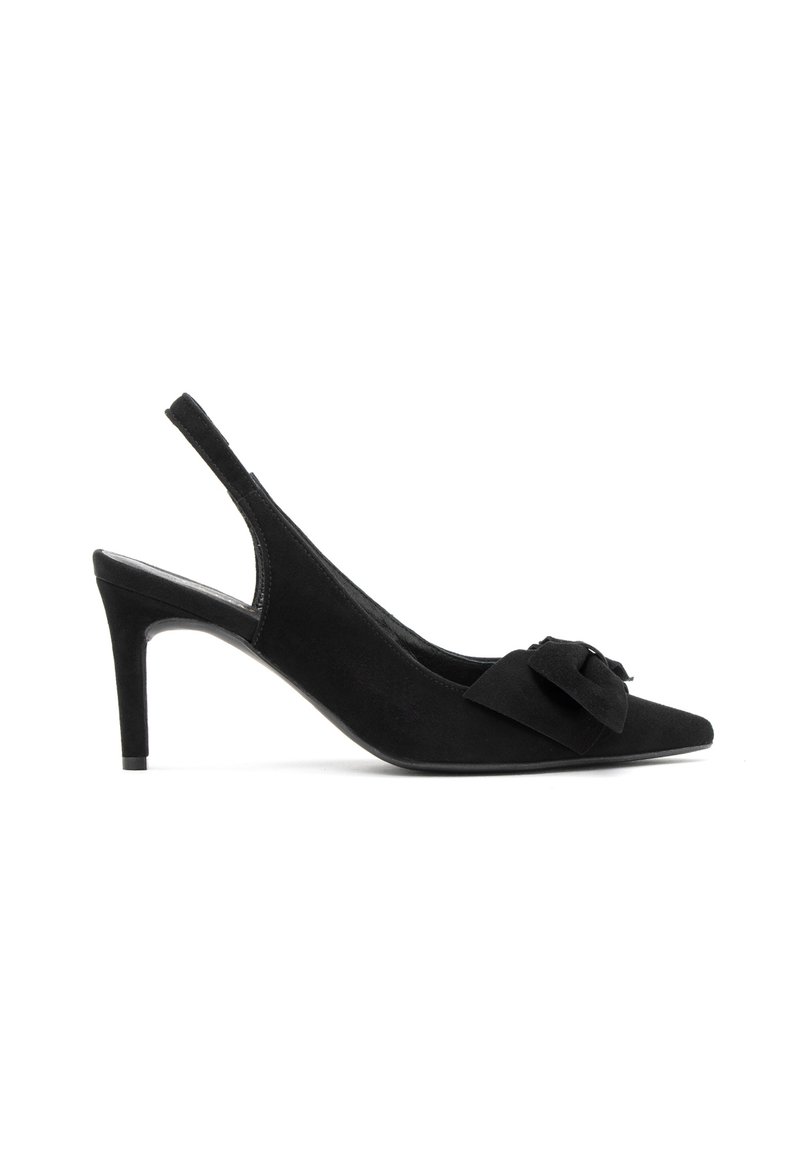 Black suede slingback shoe with a pointed toe, featuring a bow detail at the front and a thin, tapered heel.
