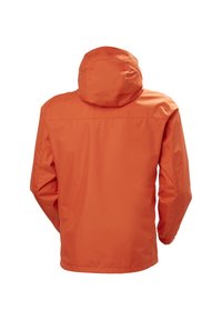 Chaqueta impermeable naranja con capucha, que presenta una textura suave, puños elásticos y un diseño sencillo. La vista trasera no muestra bolsillos.
