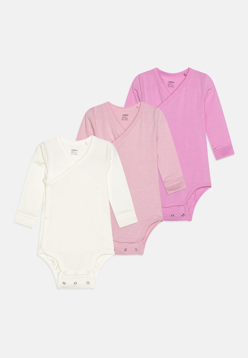 Sæt af tre langærmede bodysuits i hvid og nuancer af lyserød. Blødt stof, omslagdesign, trykknaplukninger nederst og ribbede manchetter.