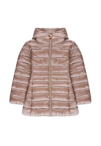 Giacca leggera in piumino di colore beige chiaro, con zip frontale, cappuccio e pannelli verticali trapuntati per una maggiore texture e isolamento.