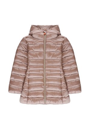 Giacca leggera in piumino di colore beige chiaro, con zip frontale, cappuccio e pannelli verticali trapuntati per una maggiore texture e isolamento.