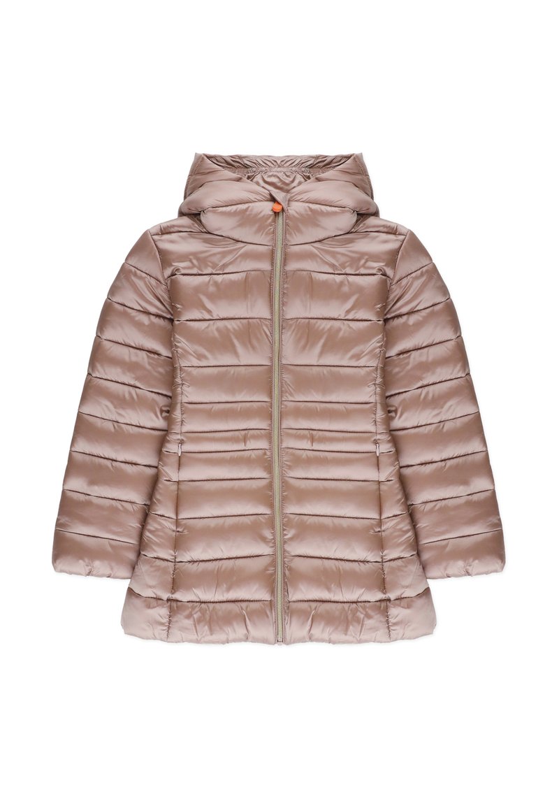 Giacca leggera in piumino di colore beige chiaro, con zip frontale, cappuccio e pannelli verticali trapuntati per una maggiore texture e isolamento.