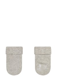 Gray cotton toddler socks with a ribbed texture, folded cuff, and rounded toes; lightweight and seamless design for comfort.
