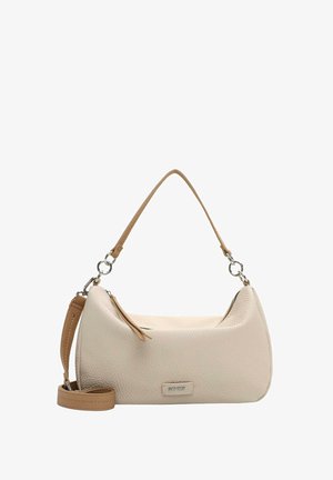 Beige Lederhandtasche mit strukturiertem Finish, kurzem Griff, abnehmbarem Schulterriemen und Reißverschluss. Sichtbare silberne Hardware-Details.