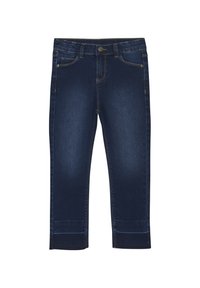 Mörkblå denim capri-jeans med en figurnära passform, femficksdesign och uppvikt nederkant. Har kontrasterande sömmar och knappstängning.
