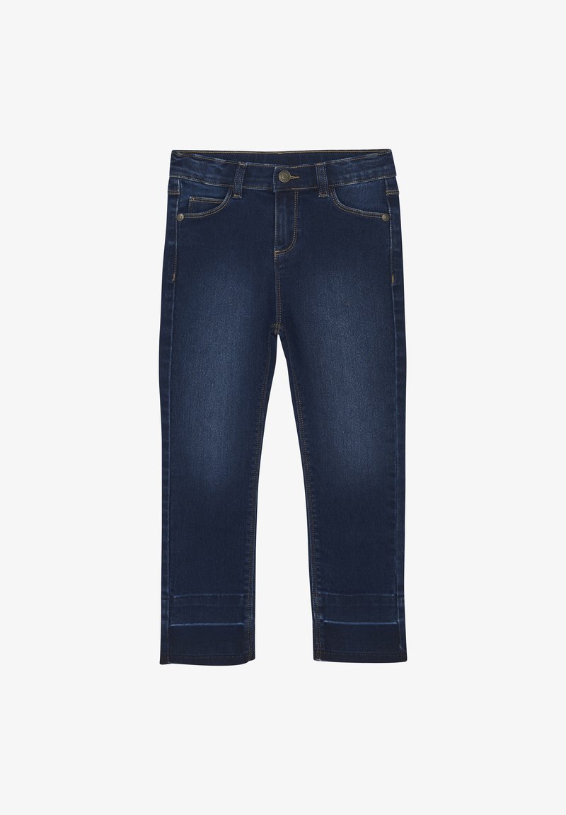 Mörkblå denim capri-jeans med en figurnära passform, femficksdesign och uppvikt nederkant. Har kontrasterande sömmar och knappstängning.