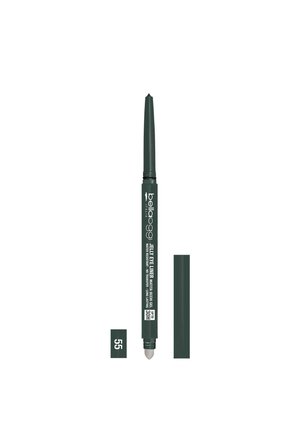 Eyeliner in gel verde scuro con punta appuntita, caratterizzato da una texture liscia e da un design retrattile. L'etichetta indica la tonalità 55.