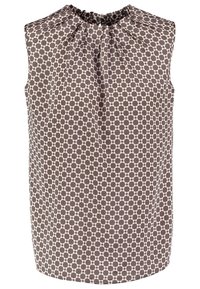Haut marron sans manches avec motif chaîne géométrique beige clair et encolure froncée.