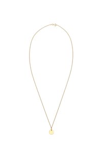 Guldtonet halskæde med en delikat kæde og en lille, cirkulær vedhæng. Designet er minimalistisk med en glat overflade.