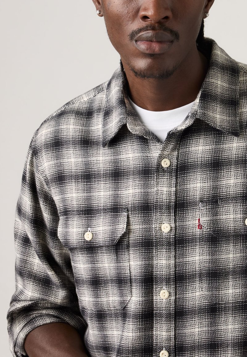 Homme portant une chemise à carreaux noir et blanc à boutons avec les manches retroussées sur un t-shirt blanc, montrant la poitrine et le bas du visage.