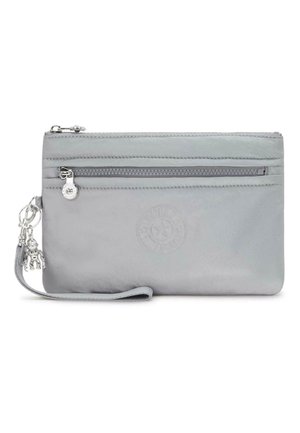 Grey nylon clutch with strap, featuring a front zip pocket, embossed logo, and a charm detail. Smooth texture with a sleek rectangular shape.