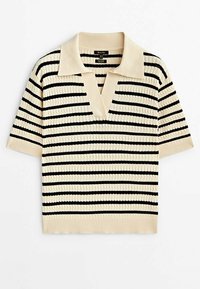 Haut à manches courtes en maille avec un motif à rayures beige clair et noir, doté d'un col en V et d'un col beige contrastant. Tissu texturé.