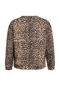 Dlhý rukáv leopardí vzorový top s okrúhlym výstrihom, zobrazený zozadu na bielom pozadí.