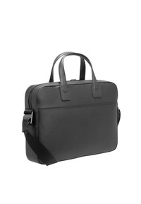 Černá kožená taška na notebook s obdélníkovým tvarem, dvojitými horními rukojetmi a nastavitelným ramenním popruhem. Texturovaný povrch a zipové uzavírání.