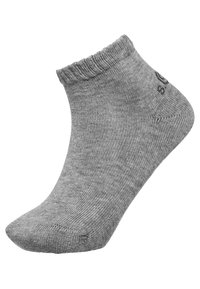 Grau Ankle-Socke aus weichem, strukturiertem Stoff. Verfügt über einen gerippten Bund und einen glatten Körper mit subtilen Farbvariationen.